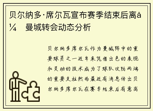 贝尔纳多·席尔瓦宣布赛季结束后离开曼城转会动态分析